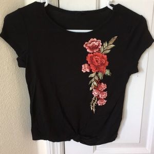 Black Floral Embroidered Crop Top